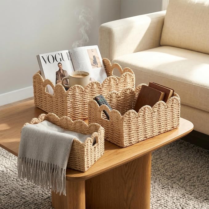 Scalloped Wicker Baskets Set of 3, Hand-Woven Storage with Handles