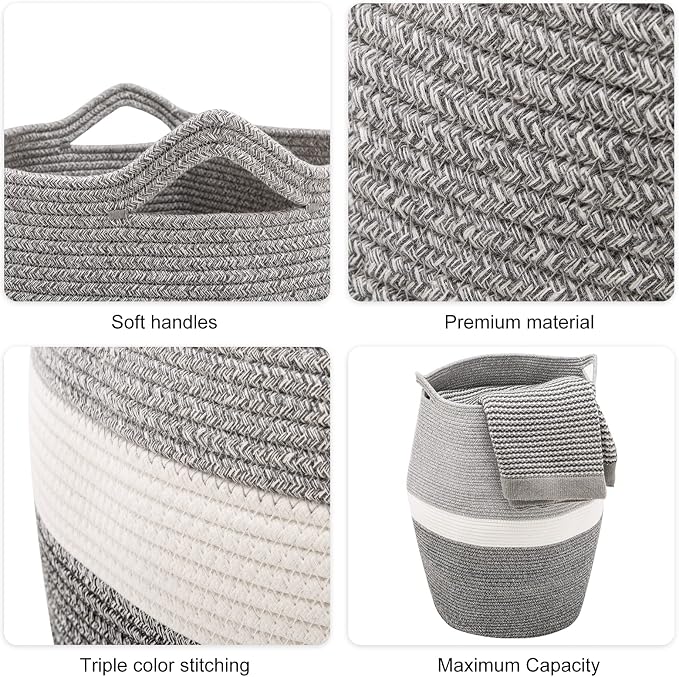 Cotton Rope Laundry Hamper by YOUDENOVA, 105L - Woven Collapsible Laundry Basket - Clothes Storage Basket for Blankets, Laundry Room Organizing, Bedroom Storage, Clothes Hamper – Dark Grey