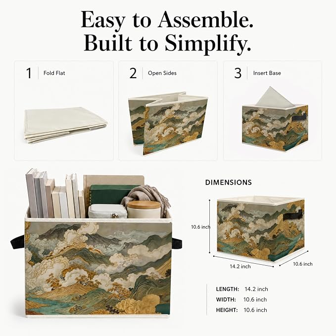 Japanese Mountain Landscape Storage Bins Box, Gold and Teal River Oriental Asian Zen Collapsible Storage Basket Clothes Toys Books Organizer for Bedroom Laundry Room Home Decor