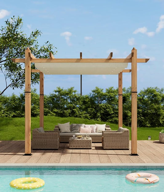 10' X 10' Outdoor Pergola with Retractable Canopy Aluminum Pergola Faux Wood Metal Pergolas Shelter for Backyard, Deck, Patio, Garden Porch Beach Sun Shade Pavilion Grape Trellis Grill, Beige