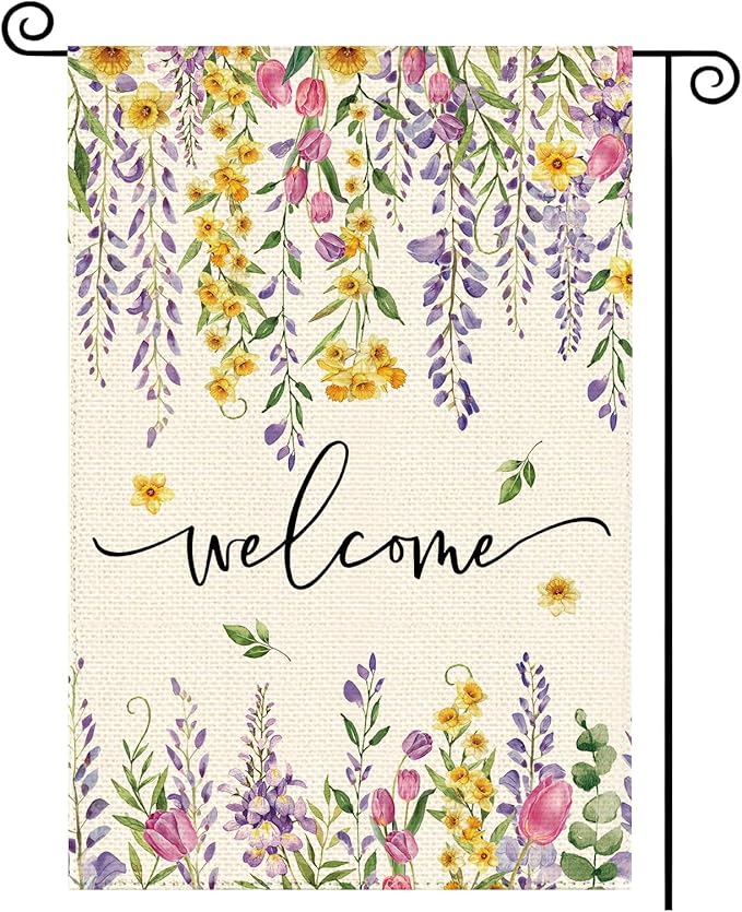 Spring Summer Wisteria Wildflowers Welcome Garden Flag 12 x 18 Inch Double Sided, Daffodils Floral Burlap Small Yard Flag Holiday Farmhouse Flags for Patio Outdoor Outside Decoration