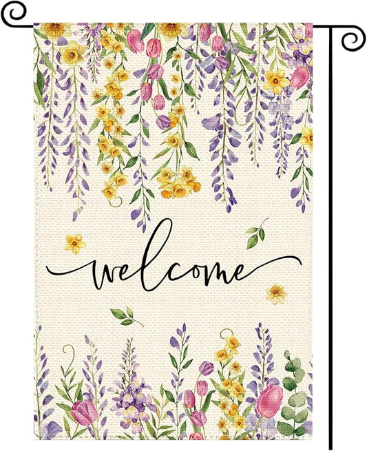 Spring Summer Wisteria Wildflowers Welcome Garden Flag 12 x 18 Inch Double Sided, Daffodils Floral Burlap Small Yard Flag Holiday Farmhouse Flags for Patio Outdoor Outside Decoration