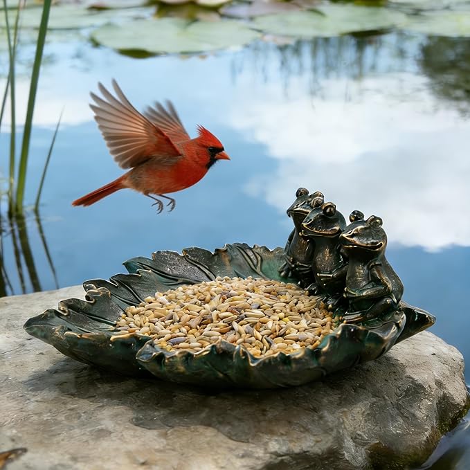 Bronze Leaf Bird Bath with Frog Figurines Resin Birdbath Bowl Small Water Dish Birdfeeder Tray Bird Water Feeder for Lovers Gardeners Yard Decorations Outdoor Garden Decor Patio