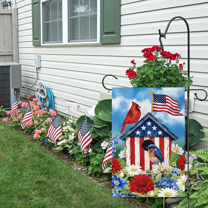 Patriotic 4th of July Garden Flag 12×18 Inch Double Sided Outside, Cardinal Birdhouse Flower Memorial Day Independence Day Burlap Yard Flag Holiday Outdoor Decor