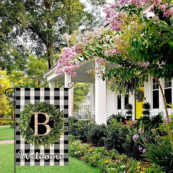 Baccessor Monogram Letter B Garden Flag 12.5 x 18 Inch, Buffalo Plaid Family Last Name Initial Boxwood Wreath Welcome Vertical Double Sided Small Flags for Outdoor Outside Decoration