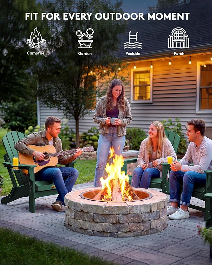 SERWALL Foldable Adirondack Chair Set of 4, Weather Resistant HIPS Patio Chairs with Cup Holder for Garden Outdoors Fire Pit Chairs-Green