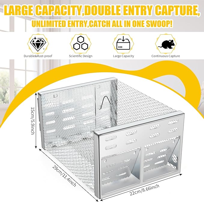 Humane Rodent Trap for Indoor & Outdoor Use - Automatic Multi-Catch Metal Cage with Double One-Way Doors, Reusable Safe Trap for Mice, Chipmunks & Small Animals (Grey)