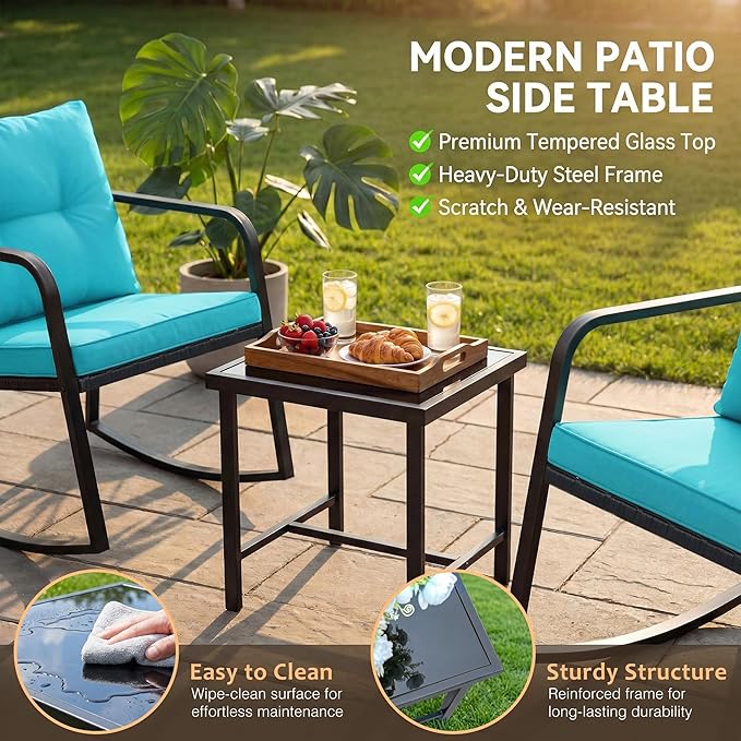 Flamaker Patio Chairs 3 Piece Wicker Rocking Chair Outdoor Bistro Sets with Coffee Table and Cushions Metal Frame Patio Furniture for Porch, Balcony, Lawn (Blue)