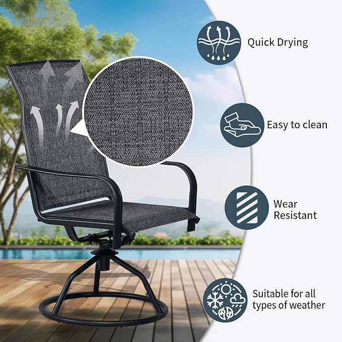 SHGJ&SOFT Patio Swivel Chairs, Waterproof Outdoor Dining Chairs with All-Weather Textilene Mesh for Deck, Garden, and Backyard (Plain Backrest-Grey, Set of 2)