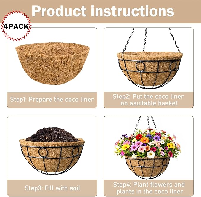 4 Pack 12 inch Black Round Metal Wire Hanging Planter Basket Outdoor Hanging Baskets Indoor with Coco Liner Pot Plant Holder for Home Garden Balcony Decor