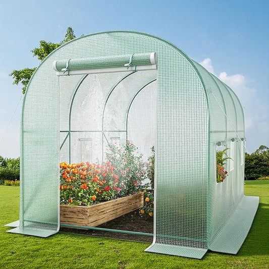 10x7x7 Walk-in Greenhouse with Watering System, Heavy Duty Green House for Outdoors, Portable Green Houses for Outside, Winter Hot House with Metal Frame & Roll-up Zipper Door Screen Windows