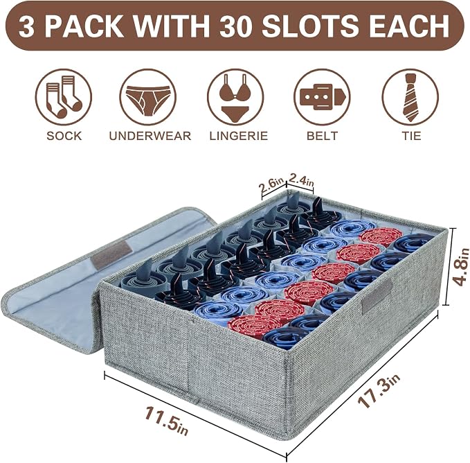 PINGMIC 3-Pack Sock & Tie Organizer with Lid, 30-Cell Foldable Storage Box