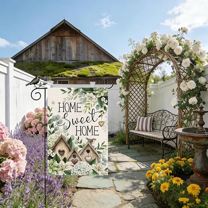 GEEORY Home Sweet Home Garden Flag 12x18 Inch, Hydrangea Eucalyptus Double Sided Spring Summer Decor, Farmhouse Rustic Outdoor Floral Flag Outside Yard Lawn Decoration