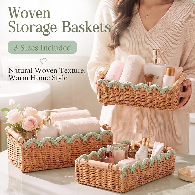 3 Pcs Paper Rope Storage Basket with Wooden Handles Scalloped Toilet Paper Organizer Bathroom Wicker Basket Organizer for Bathroom Countertop Living Room Home Decor (Sage Green)