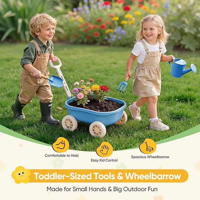 Grenebo Kids Gardening Set with Wheelbarrow, 11-Piece Outdoor Yard, Beach, STEM Garden Play Kit with Child-Sized Tools, Durable, Safe & Fun Gift Toy for Ages 2+ Kids Toddlers Boys Girls (Blue)