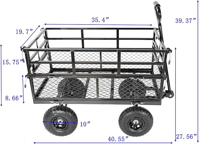Steel Garden Cart 400 lbs Capacity Heavy Duty Garden Wagons,with Removable Steel Mesh Sides to Convert into Flatbed,Utility Metal Wagon w/ 180°Rotating Handle (Black-Pneumatic-Double Height)