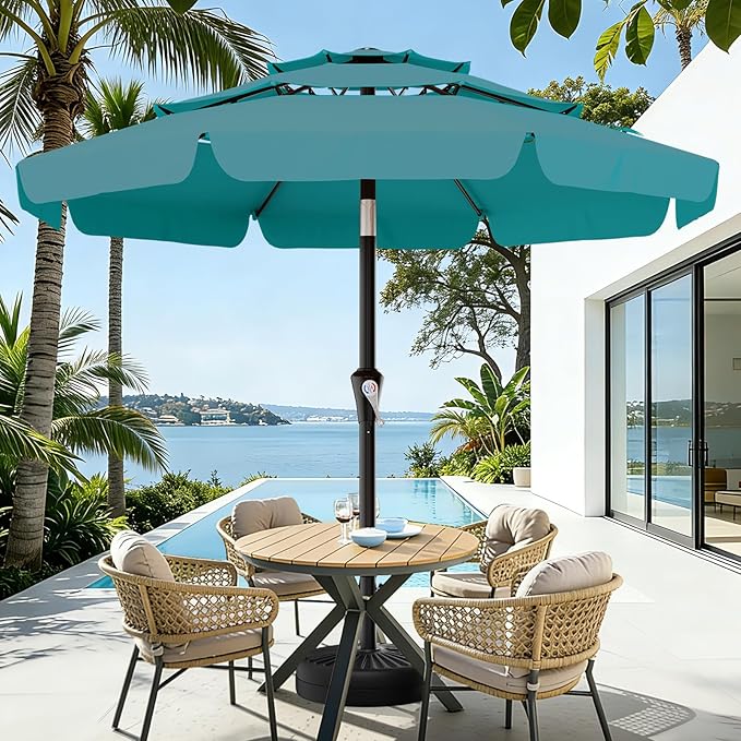 AreShark 9FT 3-Tiers Patio Umbrella with Valance, Outdoor Umbrellas with Crank/Tilt, Table Market Umbrella Vented w/ 8 Sturdy Ribs for Garden, Deck, Backyard, and Pool, Lake Blue