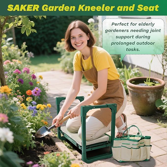 Saker Garden Kneeler and Seat Foldable Gardening Stool with Extendable Legs & Thickened Pad, Tool/Storage Bag, Heavy Duty 500lbs Support for Elderly, Gardening, Outdoor Use