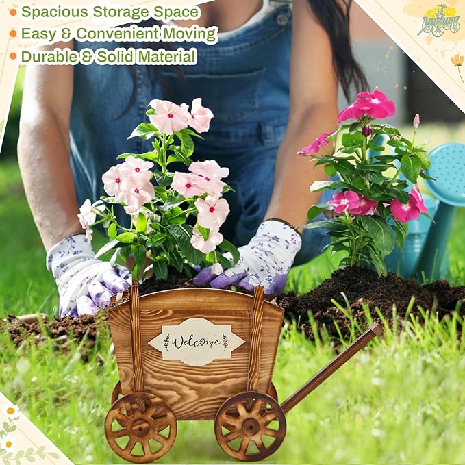 Beeveer Wooden Wagon Planter with Wheels Wagon Flower Planter Wooden Wheelbarrow Decorative for Herbs Vegetables for Indoor Outdoor Decor, Flower Cart for Patio Garden Balcony