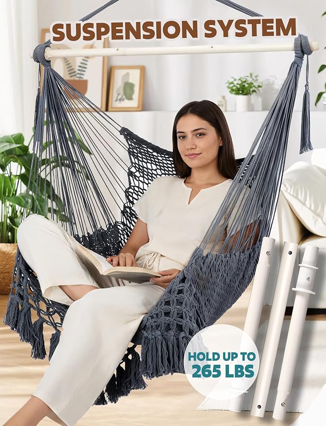 Chihee Hammock Chair Handmade Hanging Chair Cotton Rope Woven Hanging Seat Soft-Spun Large Stretch Hammock Swing, Collapsible Strong Metal Spreader Bar Elegant Macrame Comfort Indoor Outdoor Garden