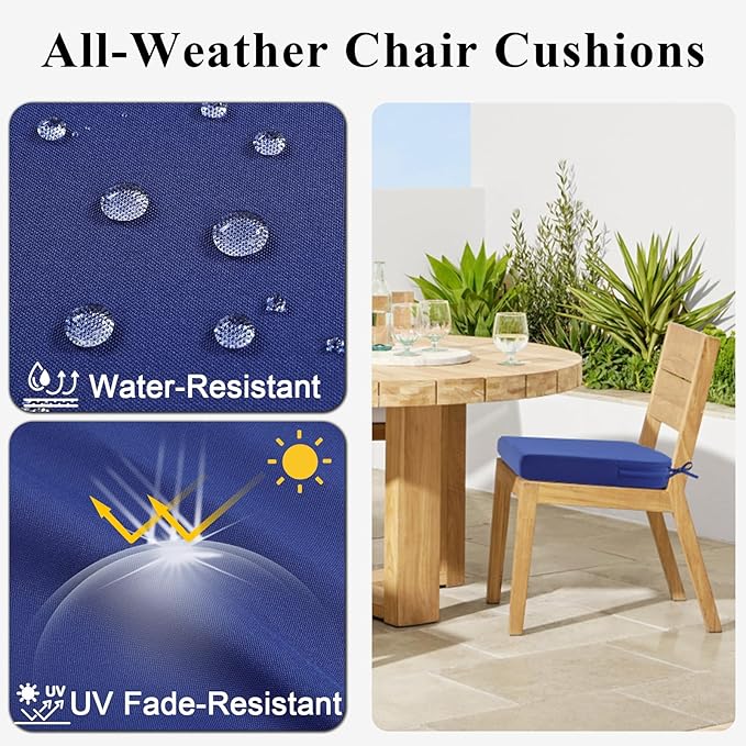 Topotdor Outdoor Chair Cushions for Patio Furniture,Waterproof Patio Chair Cushions Set of 2,Indoor/Outdoor Round Corner Chair Seat Cushion with Ties,17"x16"x2" Blue