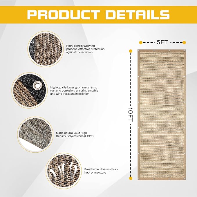 5'x 10' Sun Shade Cloth with Bungee Balls, Sand Outdoor Pergola Shade Cover with Grommets, 90% UV Block Privacy Screen for Patio, Garden, Backyard