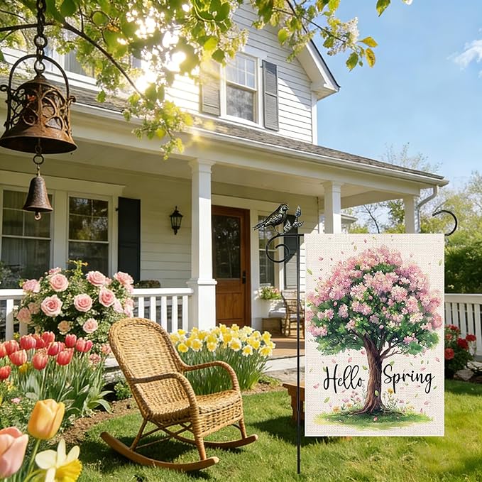 GEEORY Spring Garden Flag 12x18 Inch, Pink Floral Tree Double Sided Spring Summer Small Floral Flag, Farmhouse Rustic Outdoor Decor for Outside Yard Lawn Decoration