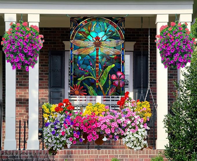 Stained Glass Spring Dragonfly House Flag 28x40 Inch Double Sided for Outside, Floral Large Burlap Yard Flag Seasonal Farmhouse Outside Outdoor Decor