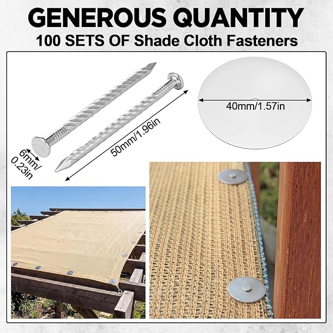 Flutesan 100 PCS Shade Cloth Fasteners Shade Cloth Clips for Wood Pergola Sun Screen Fabric Accessories Heavy Duty Fixing Secure with Washers Windproof Placement Netting Garden to Sunshade