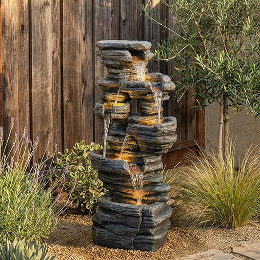 Bumilgar 42.5" H Garden Outdoor Water Fountain with LED Lights & Pump, Mutiply-Tier Cascading Outdoor Fountain Suitable for Garden/Patio/Yard/Deck/Balcony and Home Art Decor（Resin）