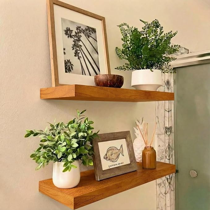 IAE Floating Wall Shelves 16 inch,Bathroom Shelving Wall Mounted,Teak | Invisible Shelf Floating Kitchen Shelves,Wooden wall Shelf with Brackets for Living Room wall Mounted,Easy Install,Set of 2