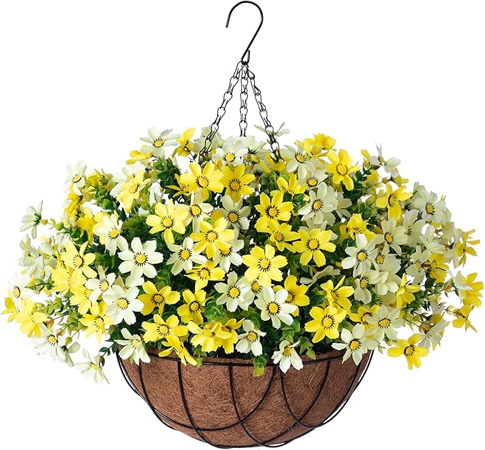INXUGAO Artificial Flowers with Hanging Planter for Outdoor Decor, Faux Silk Daisy UV Resistant Plants in Basket for Indoor Porch Garden Yard Spring Summer Decor(Yellow)