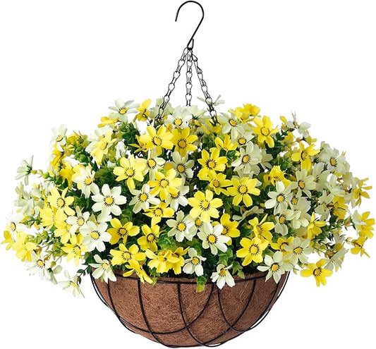 INXUGAO Artificial Flowers with Hanging Planter for Outdoor Decor, Faux Silk Daisy UV Resistant Plants in Basket for Indoor Porch Garden Yard Spring Summer Decor(Yellow)