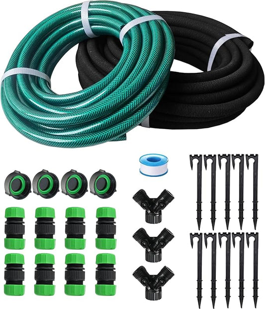 Customizable Soaker Hose System - 1/2 inch x 75ft Soaker Hose with 50ft Garden Hose, Irrigation Weeping Hose with Reinforced Fittings for Raised Garden Flower Bed, Vegetables and Shrub Plants.