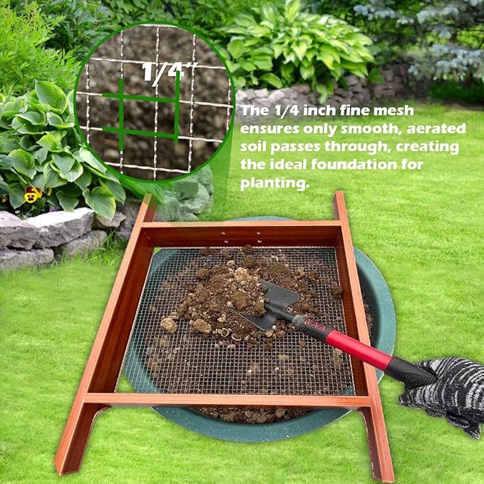 Large Soil Sifter with Vibration Motor, 29.5" x 20" Automatic Wooden Sifting Screen, Stainless Steel Mesh for Gardening, Sand Sifter for Use in Wheelbarrow, Compost Sifter