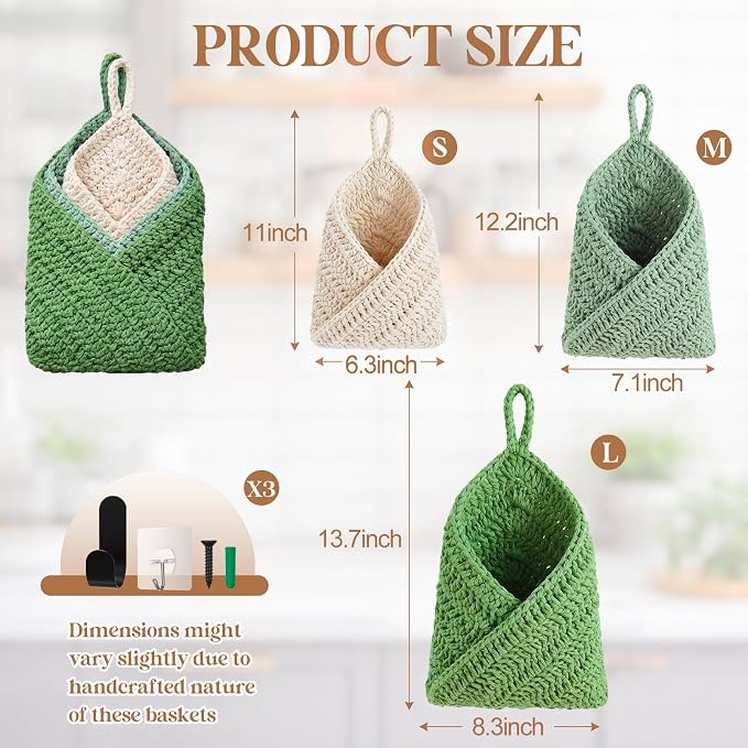 Honeydak 3 Hanging Baskets, Sage Color Palette, Triangle, Cotton Rope | Wicker Wall Baskets with Hooks for Fruit Vegetable Onion Storage, Teardrop Organizer for Kitchen, Boho Farmhouse Decor