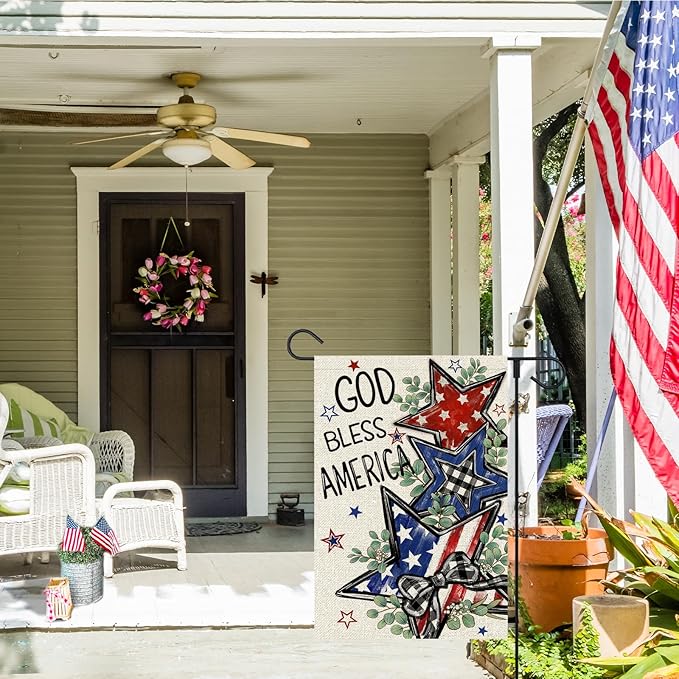 4th of July Garden Flag 12x18 Inch Double Sided Outside God Bless America Patriotic Stars Eucalyptus Memorial Day Independence Day Holiday Outdoor Yard Decoration