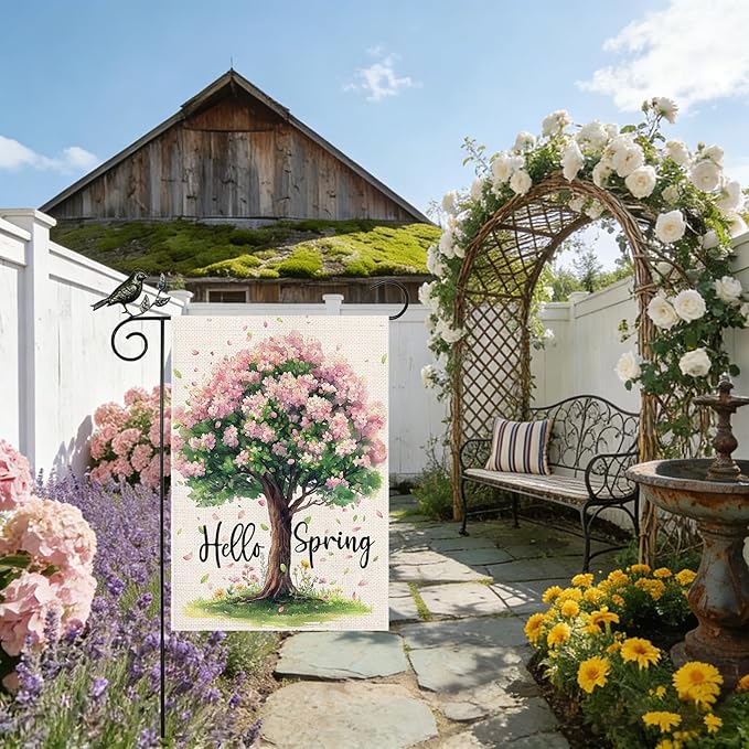 GEEORY Spring Garden Flag 12x18 Inch, Pink Floral Tree Double Sided Spring Summer Small Floral Flag, Farmhouse Rustic Outdoor Decor for Outside Yard Lawn Decoration