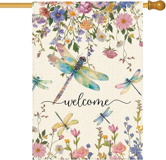 Spring Summer Dragonflies Wildflowers Welcome House Flag 28 x 40 Inch Double Sided, Watercolor Floral Large Yard Garden Flags Holiday Farmhouse Flags for Patio Outdoor Outside Decoration