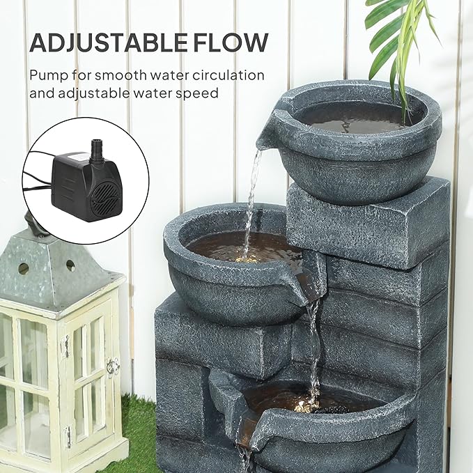 Outsunny 30" Tall Outdoor Waterfall Fountain with LED Lights, 4-Tier Resin Cascading Water Bowls with Pump, Gray