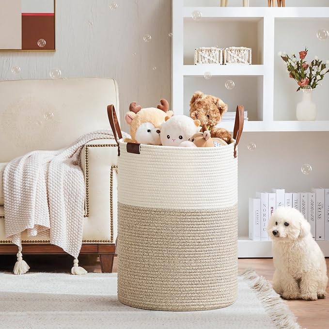 VIPOSCO 100L Tall Woven Rope Laundry Hamper, Leather Handles, White & Brown | Large Wicker Laundry Basket for Dirty Clothes, Blanket, Toy, Towel, Yoga Mat, Storage Bin in Bedroom, Bathroom, Living Room