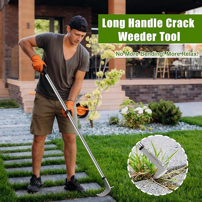 Adjustable 2-in-1 Garden Hoe with Rake & L-Shaped Crack Weeder Set, Stainless Steel Long Handle Weeding Tool for Stand up Soil Prep, Leveling and Yard Cleanup (No Bending Required)