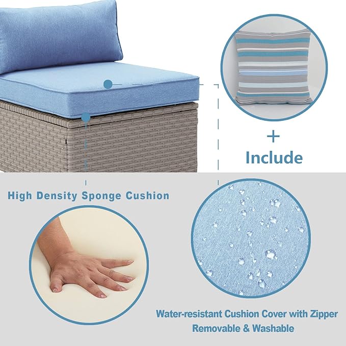 COSIEST 2-Piece Outdoor Furniture Add-on Armless Chairs for Expanding Wicker Sectional Sofa Set w Denim Blue Thick Cushions, 2 Stripe Woven Pillows for Garden, Pool, Backyard