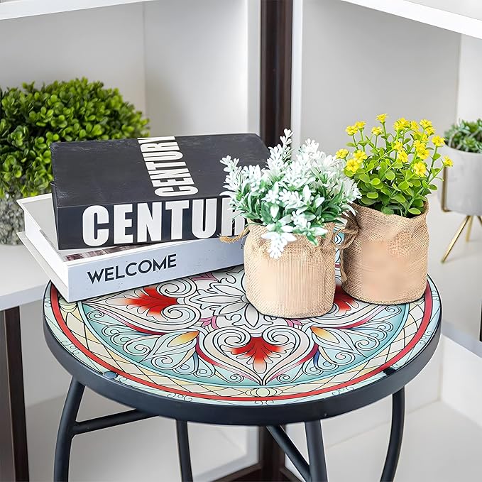 Arbuxzuy 14 Inch Small Outdoor Side Table with Red Flower, Glass Mosaic Patio Table Indoor, Round Plant Coffee Table for Living Room, Balcony, Garden
