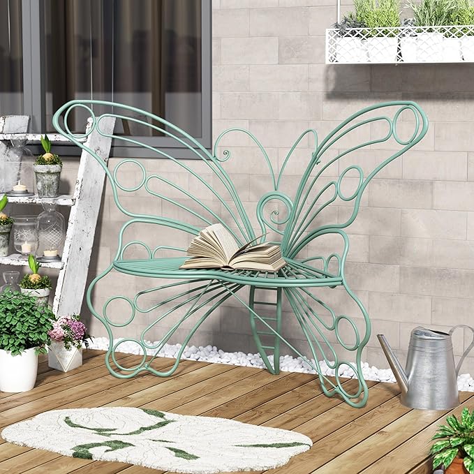 DIBRATY 50 Inches Outdoor Bench, Garden Bench with Sturdy Iron Metal Frame, Pretty Butterfly Bench Front Porch Bench for Porch,Lawn,Garden,Yard