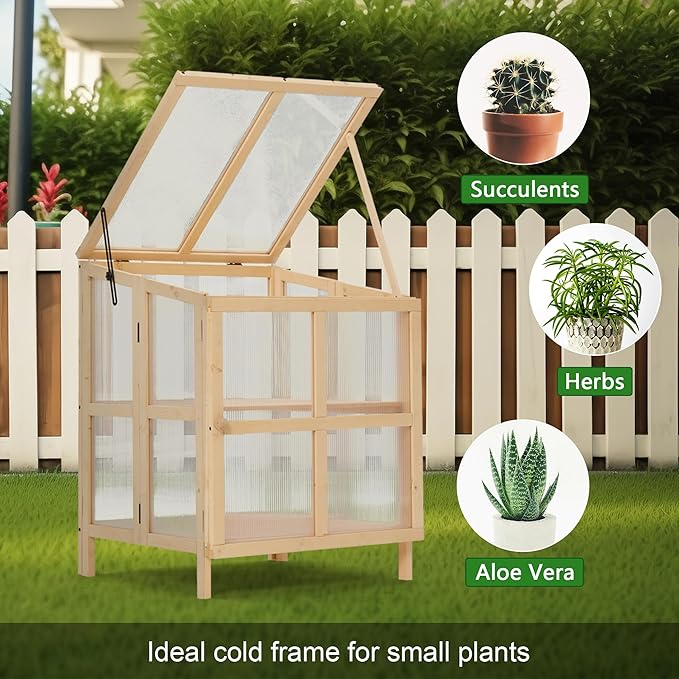 Echo Voyage 2 Tier Foldable Cold Frame Greenhouse, Portable Wooden Greenhouse Garden Cold Frame Raised Planter Box with Shelves (Natural Wood)