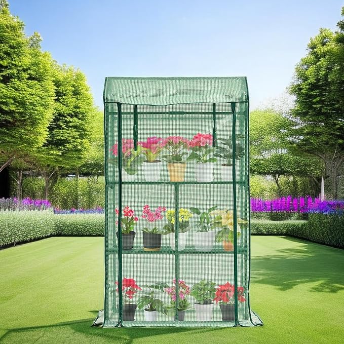 Purlyu Mini Greenhouse for Indoor Outdoor, Small Plastic Plant Green House Rack Stand Portable Greenhouses with Durable PE Cover for Seedling 60 "x 35"x 16",20 Pcs T-Type Plant Tags Include（PLGH4053G）