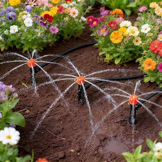 26pcs Drip Emitters for 1/4" Irrigation Tubing, Easy Connect Adjustable 360 Degree Water Flow Irrigation Sprayer On 5" Stake for 4/7mm Tube Locked Irrigation Drippers for Garden Flower Plant