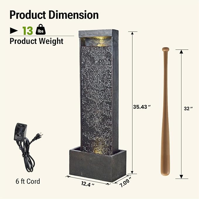 35-Inch Outdoor Water Fountain, Modern Curved Faux Slate Resin Indoor Waterfall Fountain with 2 Warm LED Lights, Home Art Decor for Garden, Patio, Yard, Deck, Porch, Balcony in Black