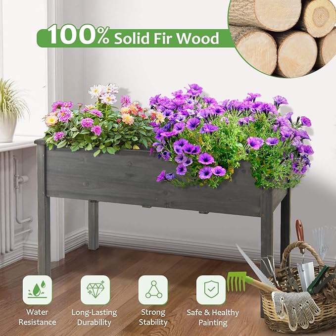 S AFSTAR Raised Garden Beds, 2 Pieces Elevated Wooden Planter Box, 48”L x 22”W x 30”H, Outdoor Gardening Planting Bed for Vegetables, Flowers & Herbs Grow, Great for Backyard, Patio, Lawn (Gray)
